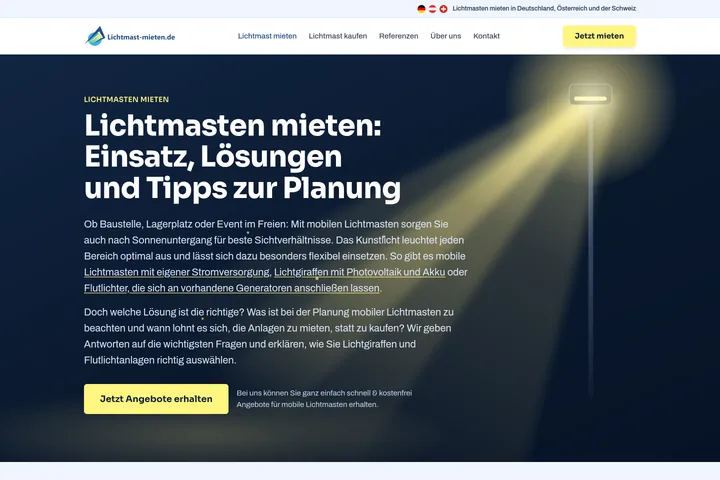 Startseite von lichtmast-mieten.de: Lichtmasten mieten für Baustelle, Event und Firmengelände